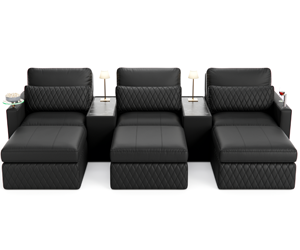 Seatcraft Diamante Home Theater Sofa w/ Console Table, Grade 7000 Leather, Black, Gray, or Red