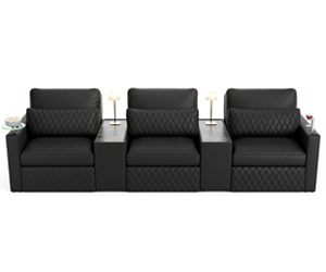 Seatcraft Diamante Media Lounge Sofa w/ Console Table, Grade 7000 Leather, Black, Gray, or Red